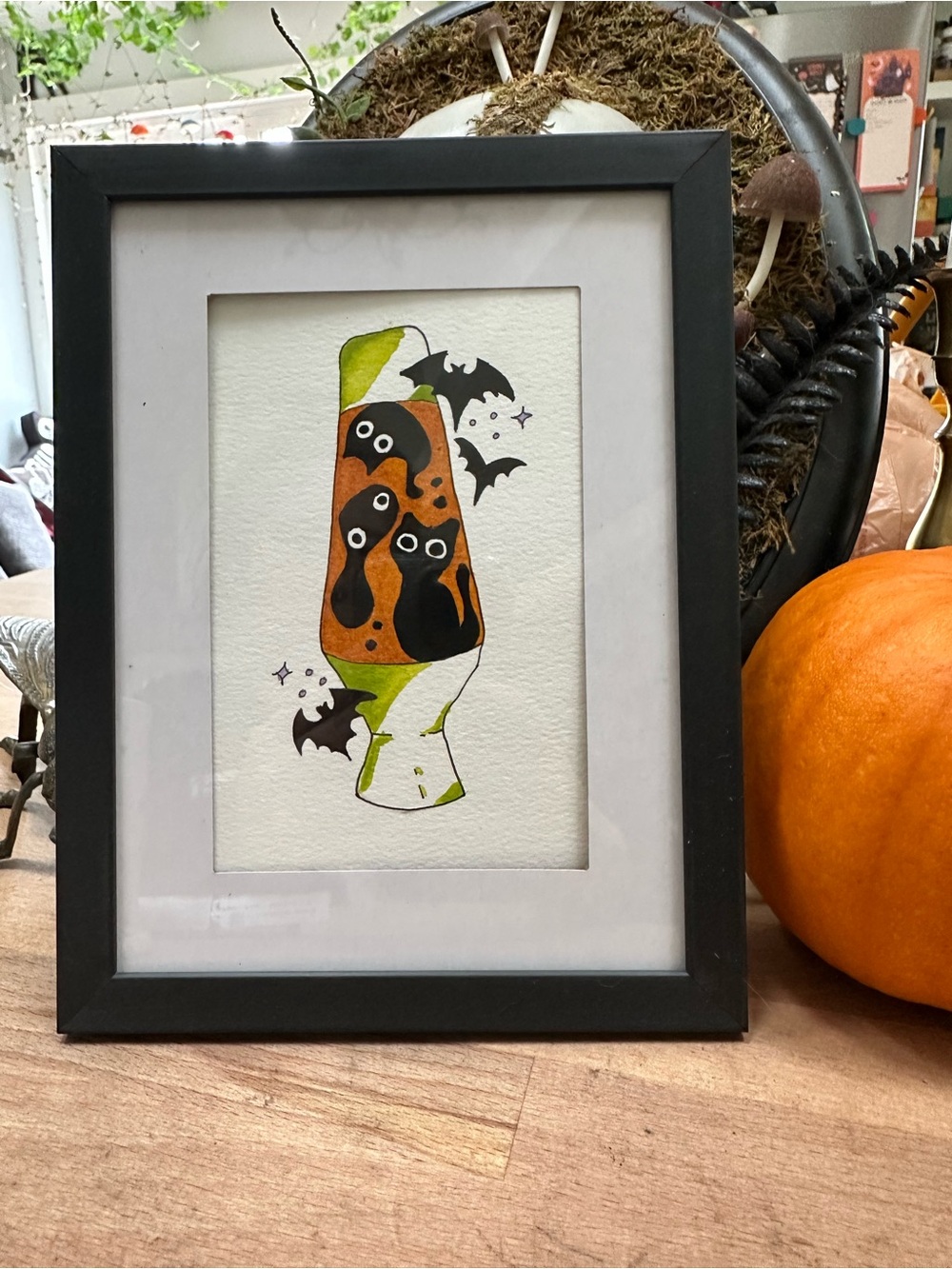 Halloween cat lava lamp art - original framed 4x6inch watercolor